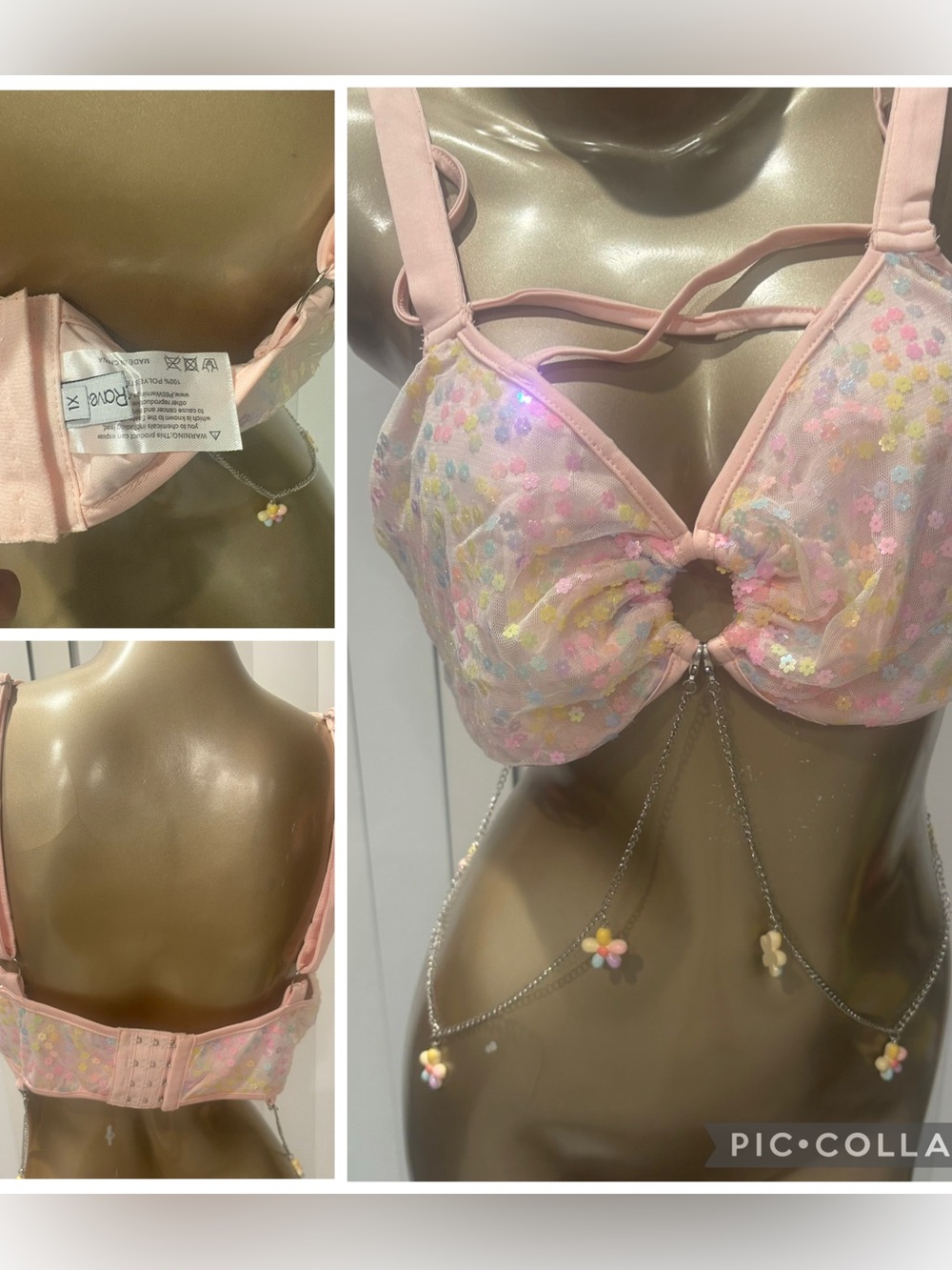 Pink Floral Sequin Ring-Front Bralette with Chain Charms plus size